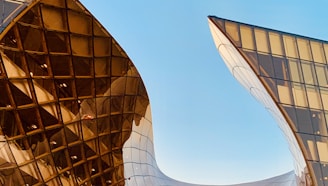 structural photography of amber glass building