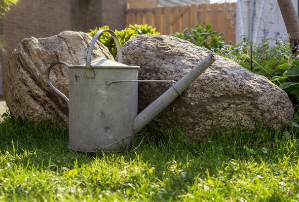 A sturdy agricultural sprayer resting beside a flourishing garden bed.