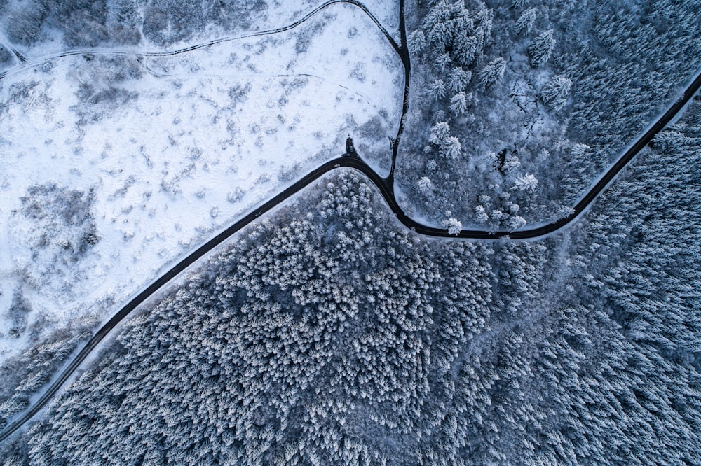 an aerial view of a road surrounded by trees covered in snow