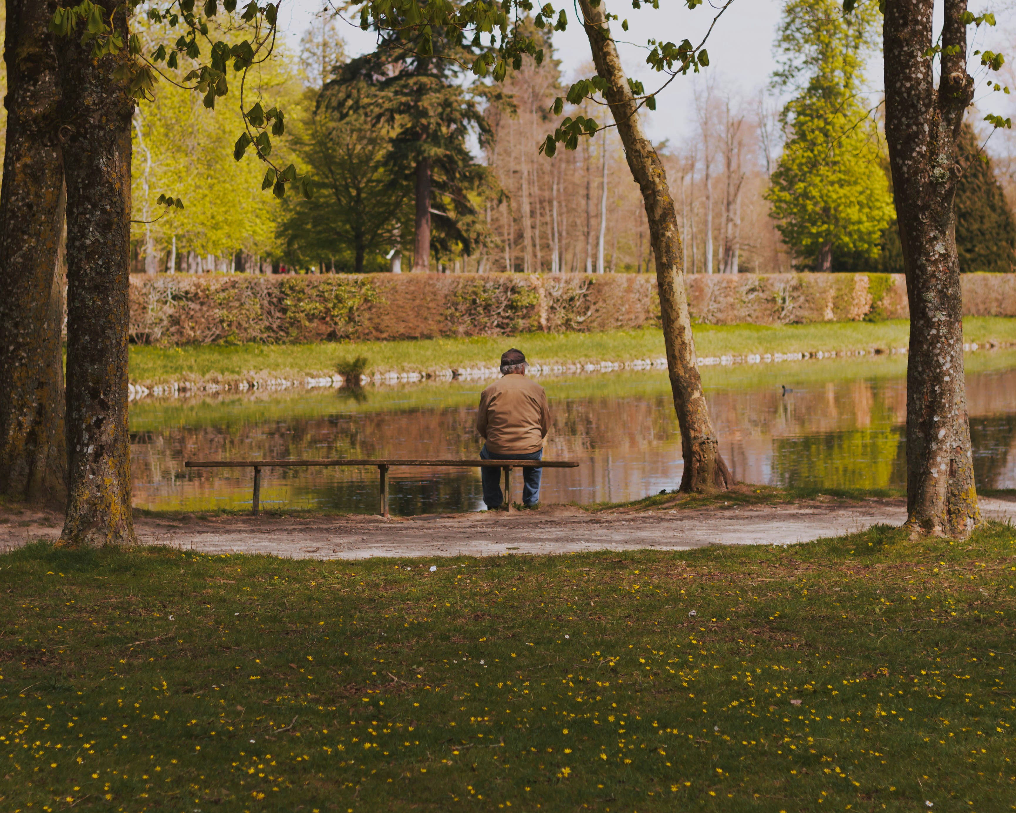 man sitting on bench near lake