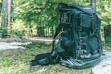 A large black backpack sits on a forest floor covered with green foliage. The backpack has multiple straps and compartments, suggesting it's designed for outdoor or hiking activities. Surrounding the backpack, lush green trees and dappled sunlight create a natural and serene setting.