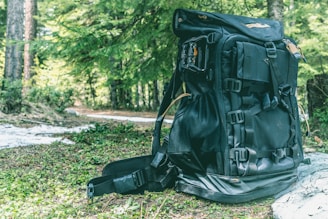 A large black backpack sits on a forest floor covered with green foliage. The backpack has multiple straps and compartments, suggesting it's designed for outdoor or hiking activities. Surrounding the backpack, lush green trees and dappled sunlight create a natural and serene setting.