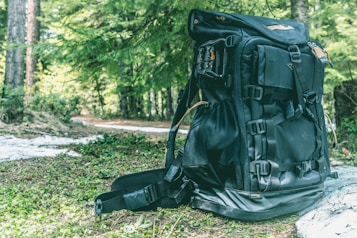 A large black backpack sits on a forest floor covered with green foliage. The backpack has multiple straps and compartments, suggesting it's designed for outdoor or hiking activities. Surrounding the backpack, lush green trees and dappled sunlight create a natural and serene setting.