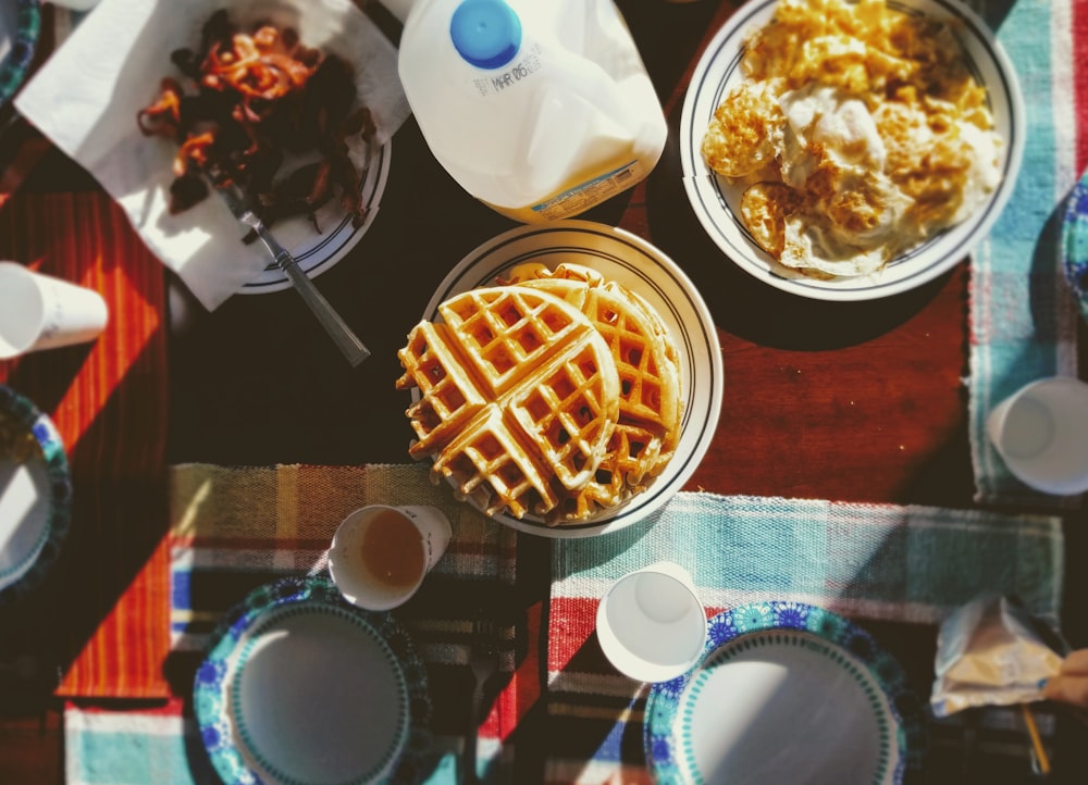 a table topped with plates of food and cups of coffee