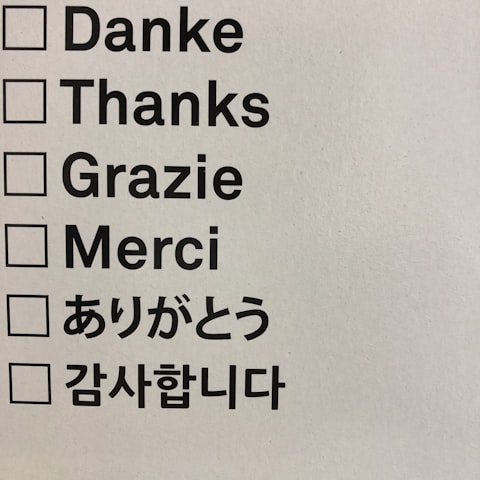 Handwritten note reading "danke, thanks, grazie, merci" — the same word in four languages