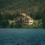 A cozy house by the lake with a 'For Sale' sign in front