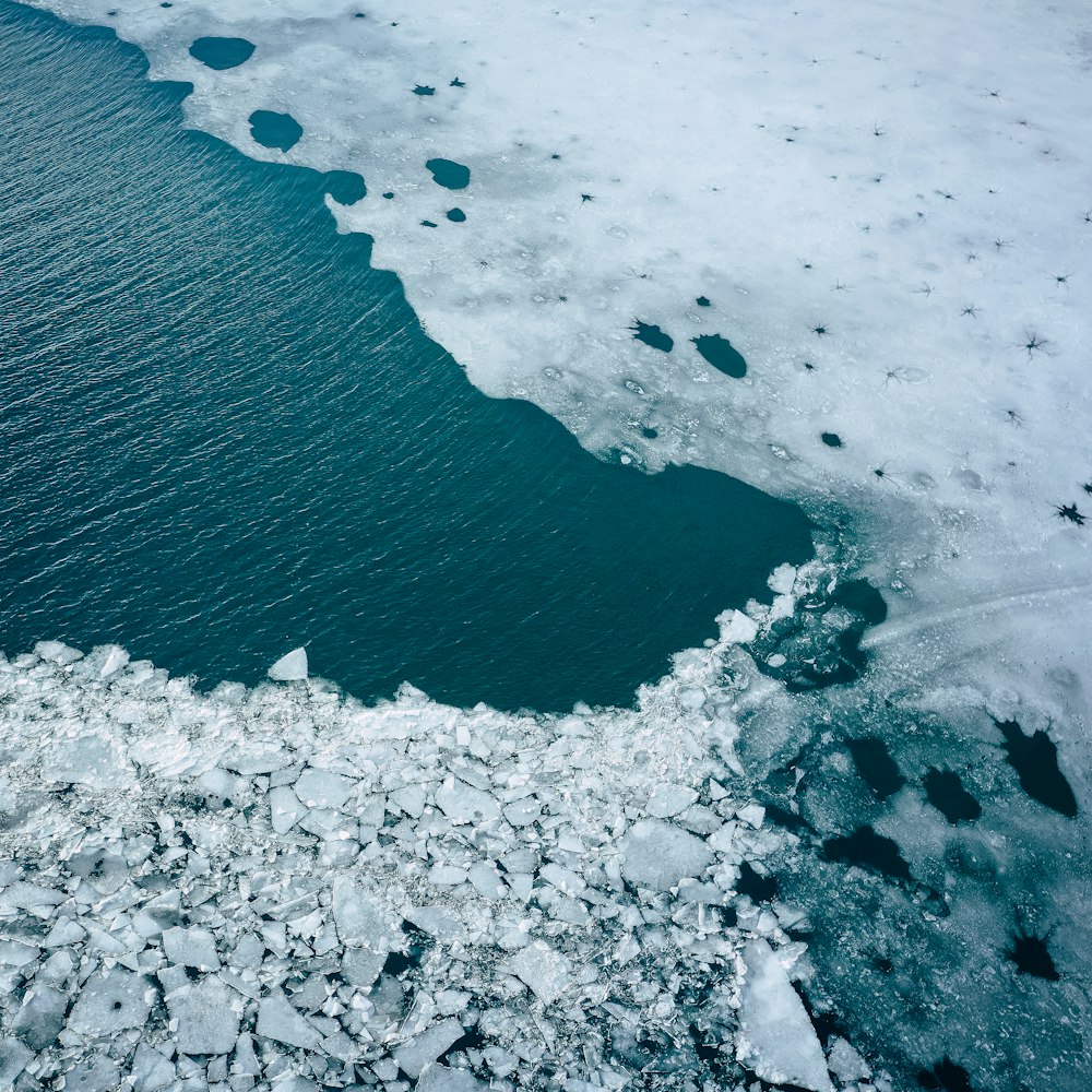 aerial photography of body of water surrounded by ice