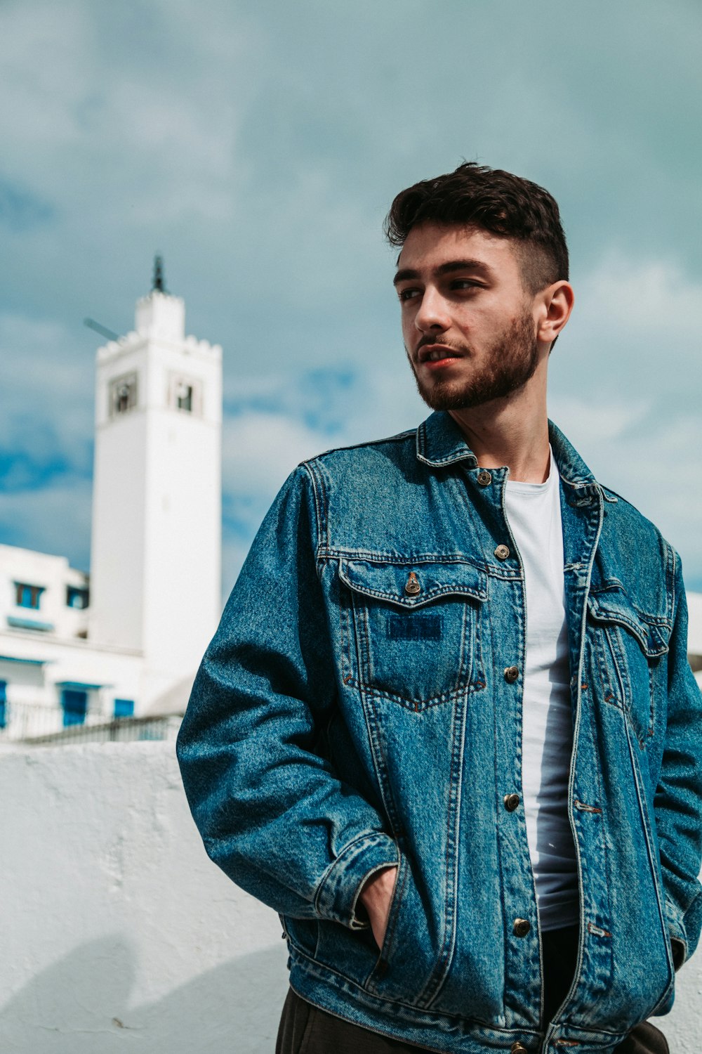 man in blue washed jacket