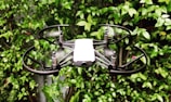 A small drone with propeller guards is hovering in front of a lush green leafy background. The drone features four rotors and appears to be in motion, with blurred propellers indicating flight.
