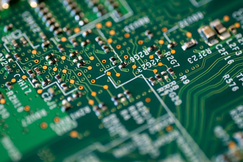 A close-up of a modern circuit board with intricate patterns.