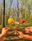 Three hands are holding wine glasses filled with colorful flowers, set against a backdrop of a sunlit forest with tall, leaf-covered trees.