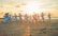 A group of people dressed in martial arts uniforms practice karate on a sandy beach during sunset. They are all in a synchronized stance, performing the same move with extended arms.