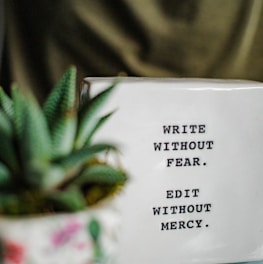 a white box with writing on it next to a plant