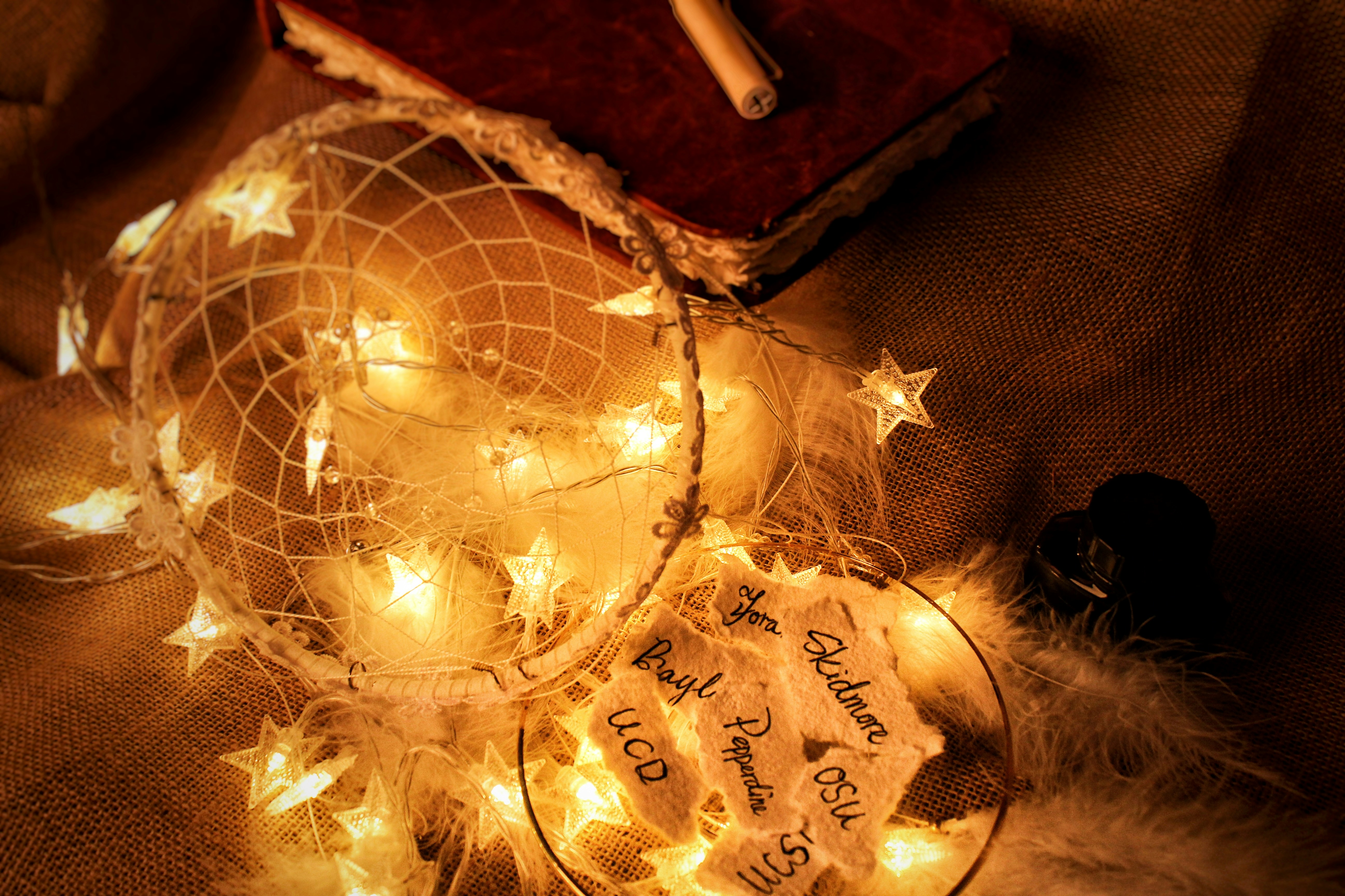 yellow dream catcher with string lights