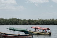 Several motorboats are floating on a calm body of water, with a lush green treeline in the background. One boat has a red canopy with text on it and appears to be carrying several people. Another boat is covered with a green tarp. The sky is cloudy but bright.