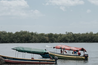 Several motorboats are floating on a calm body of water, with a lush green treeline in the background. One boat has a red canopy with text on it and appears to be carrying several people. Another boat is covered with a green tarp. The sky is cloudy but bright.