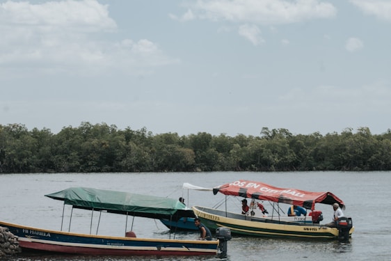 Several motorboats are floating on a calm body of water, with a lush green treeline in the background. One boat has a red canopy with text on it and appears to be carrying several people. Another boat is covered with a green tarp. The sky is cloudy but bright.