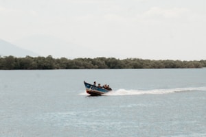 a boat with people on it is in the water