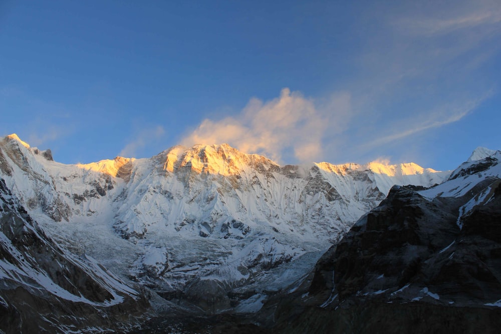 a mountain covered in snow under a blue sky