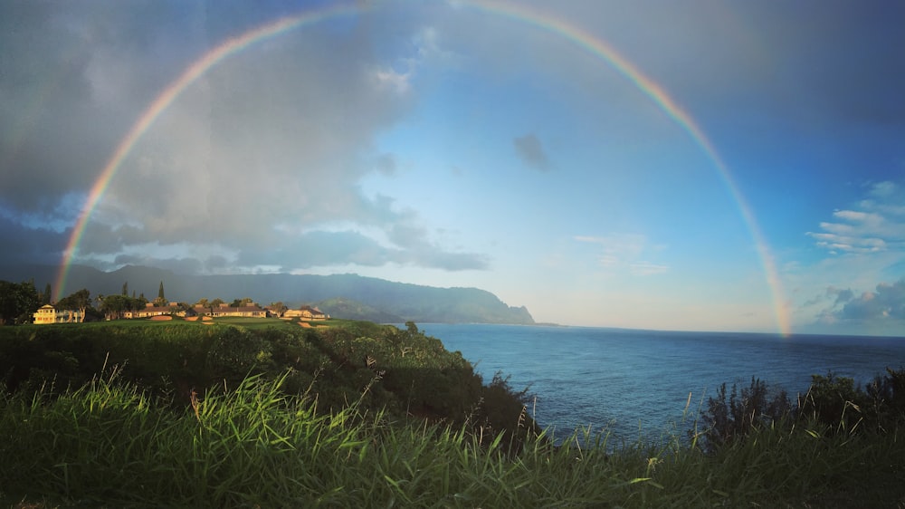 rainbow over buildings