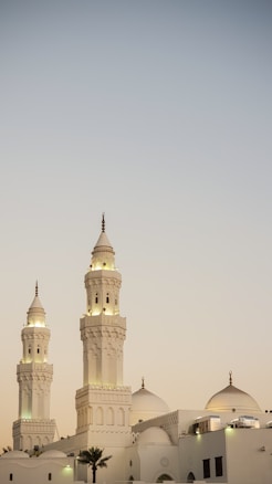 A grand mosque with two tall, ornate minarets and several domes, set against a clear sky. The architecture is characterized by intricate details and traditional Islamic design elements, with clean white and beige tones. Palm trees are visible in the foreground.