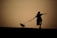 A silhouette of a person walking a dog on a leash during sunset. The person appears to be pointing towards the horizon, and the scene is set against a warm, golden background with a visible grassy hill in the foreground.
