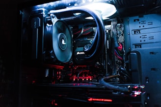 turned-on black and red computer tower