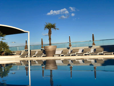 A serene hotel pool area with loungers and palm trees under a bright blue sky.