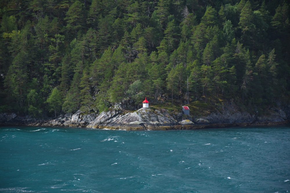 Ein Leuchtturm auf einer kleinen Insel, umgeben von Bäumen