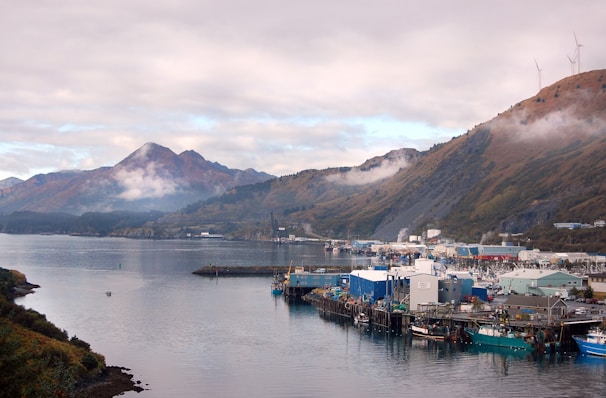 A scenic coastal landscape featuring a harbor bustling with fishing boats, industrial buildings, and docks in the foreground. The background reveals calm waters and rugged mountains partially shrouded in mist, with some wind turbines visible on the hillsides under an overcast sky.