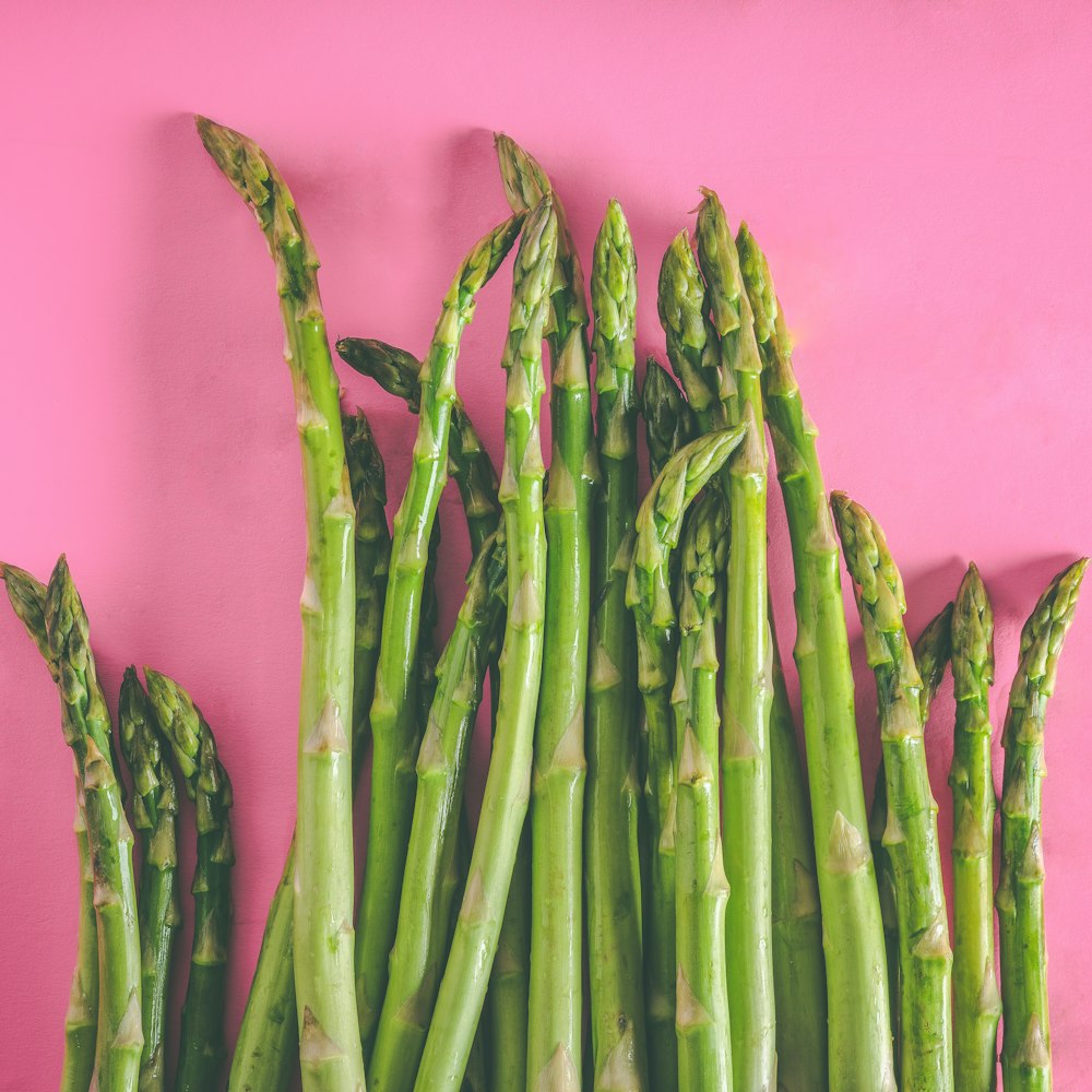 verduras de espárragos verdes sobre superficie rosada