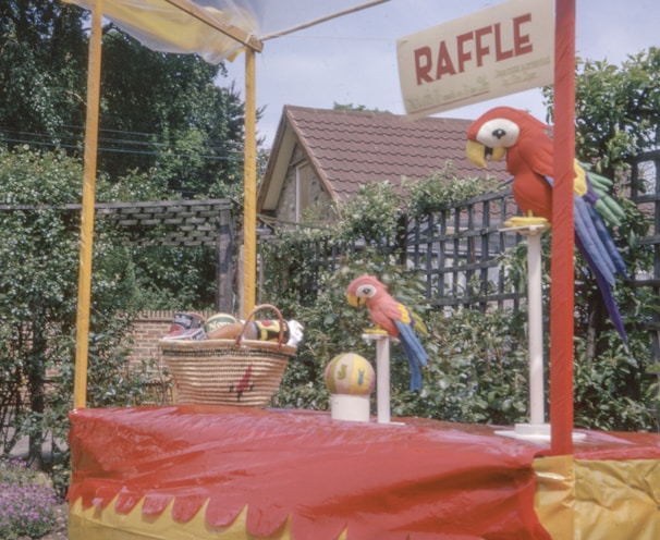 red wooden parrot table decors beside brown wicker basket