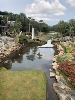 A serene landscape featuring a peaceful garden with blooming flowers and a tranquil pathway.