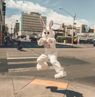 person in rabbit mascot jumping near road side