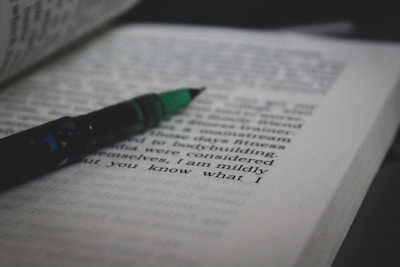 Close-up of an open book with a pen resting on its pages