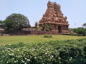 A historic temple with intricate carvings made of brown stone stands majestically against a bright blue sky. In front of the temple, a green lawn and blooming white flowers create a serene scene. Tall trees and scattered palm trees are visible, adding to the lush surroundings. A few people can be seen near the temple, giving a sense of scale to the impressive structure.