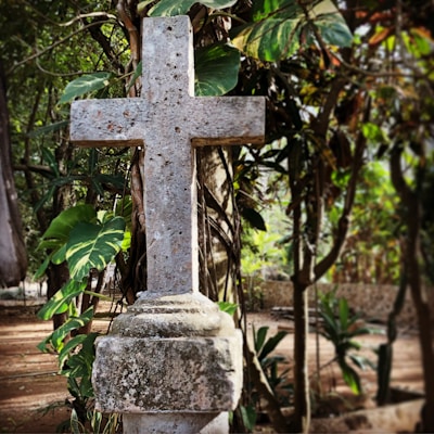 The historic Magellan's Cross surrounded by lush greenery.