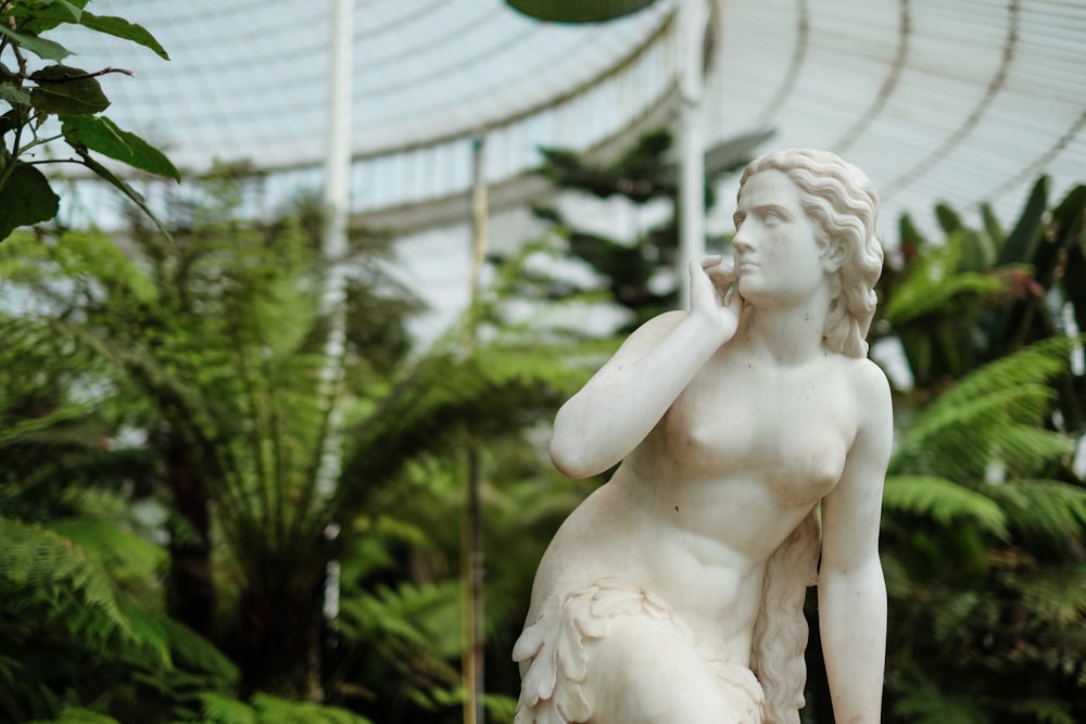 Estatua de mujer cerca de las plantas