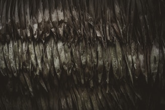 An intricate pattern of overlapping, dried palm leaves with a rough and textured appearance. The leaves are layered, creating a dense and complex arrangement.