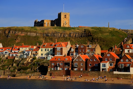 brown houses near cliff in Whitby Abbey United Kingdom