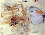 A mixed media artwork featuring handwritten text in French and a collage with earthy textures. A large butterfly with light-colored wings, accented with orange and black spots, occupies the right side. The word 'liberté' is written in cursive near a heart shape surrounded by textured materials.