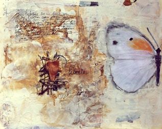 A mixed media artwork featuring handwritten text in French and a collage with earthy textures. A large butterfly with light-colored wings, accented with orange and black spots, occupies the right side. The word 'liberté' is written in cursive near a heart shape surrounded by textured materials.