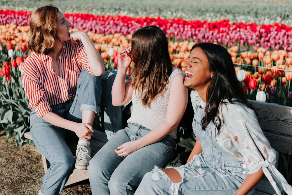 Tres mujeres sentadas en un banco de madera junto al campo de flores de tulipán