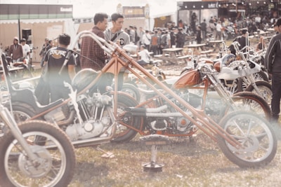 An outdoor gathering with a focus on custom motorcycles and a sizable crowd. Several unique motorcycles with extended handlebars are parked on the grassy field. People are dressed casually and appear to be enjoying the sunny day. The scene is lively with a blend of vibrant and neutral tones.