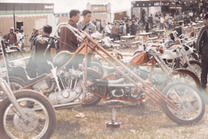 An outdoor gathering with a focus on custom motorcycles and a sizable crowd. Several unique motorcycles with extended handlebars are parked on the grassy field. People are dressed casually and appear to be enjoying the sunny day. The scene is lively with a blend of vibrant and neutral tones.