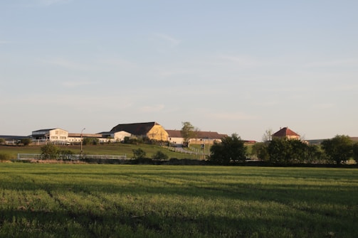 A rural landscape featuring a series of farm buildings, including a barn and several other agricultural structures, surrounded by lush green fields. The horizon shows clear skies and a few trees scattered around the premises.