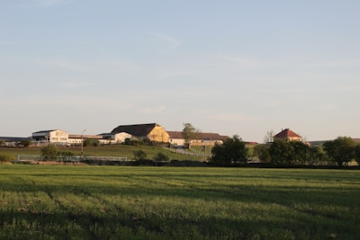 A wide shot of the farm’s infrastructure including barns and water troughs with cattle nearby.