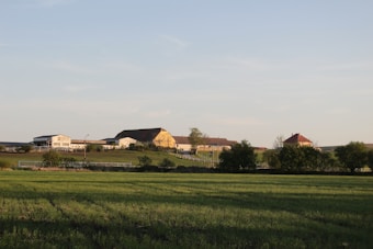 A rural landscape featuring a series of farm buildings, including a barn and several other agricultural structures, surrounded by lush green fields. The horizon shows clear skies and a few trees scattered around the premises.