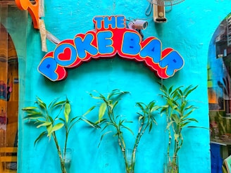 A brightly colored sign with the words 'THE POKE BAR' in bold red, blue, and yellow letters is displayed on a turquoise wall. Beneath the sign are several green plants in clear glass vases. Above the sign, a security camera is mounted and a partially visible fan is attached to the wall.