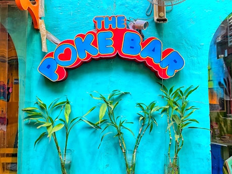 A brightly colored sign with the words 'THE POKE BAR' in bold red, blue, and yellow letters is displayed on a turquoise wall. Beneath the sign are several green plants in clear glass vases. Above the sign, a security camera is mounted and a partially visible fan is attached to the wall.